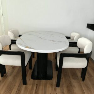 Black Wooden 4 Seater Dining Set with Upholstered Chairs & Marble Top